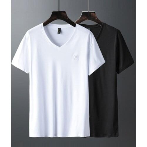 Brand Luxury V Neck Ice Silk T Shirt Men 100% Pima Cotton Mercerized Short Sleeve T-Shirt R Embroidery Solid Color Summer Top