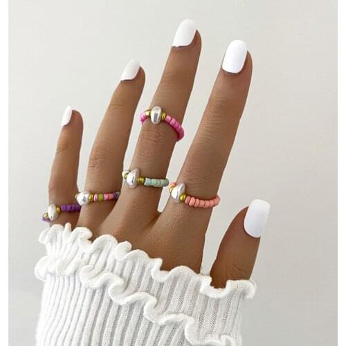 Sweet Hand-made Beaded Pearls Rings for Women Girls Fashion Vintage Finger Rings Set Jewelry Gifts