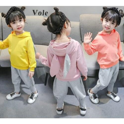 Baby girls set print long sleeve hoodie sweatshirt top +long pants clothes suit baby girls rabbit ear hoodie costume set