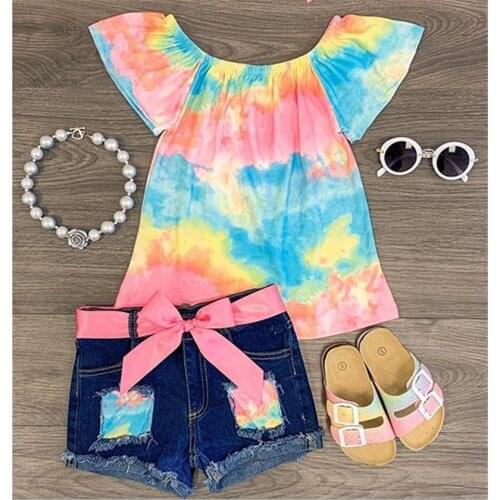 Summer Toddler Baby Girl Clothes sets Off Shoudler Flower Print Tops Denim Ripped Short Pants 2Pcs Outfits Casual Clothes