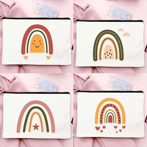 Rainbow Print Cosmetic Bags Simple White Canvas Women Makeup Bag Organizer Toiletry Bag Storage Travel Wash Pouch Ladies Gifts