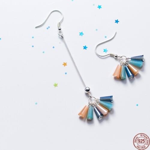 LKO 925 Sterling Silver Fashion Colour Tassels Asymmetry Drop Earrings For Women Daughter Wedding Crystal Jewelry Earrings Gift