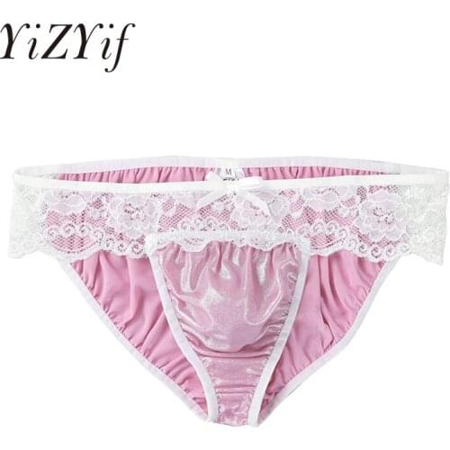 YiZYiF Mens Lace Sissy Panties Sexy Gay Men Underwear Lingerie Soft Shiny Fabric Floral Low Rise Stretchy Sissy Bikini Briefs
