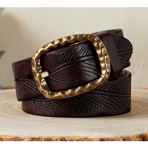 Mens Belt Male Fashion Carved Genuine Leather Belt Pin Copper Buckle Washed Retro Relts Design Vintage Strap Fashion Waist