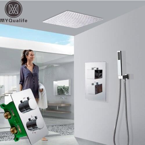 Bright Chrome 16" Rainfall Shower Faucet Set Thermostatic Shower Mixer Valve with Embedded Box Bathroom Brass Shower Mixer Tap