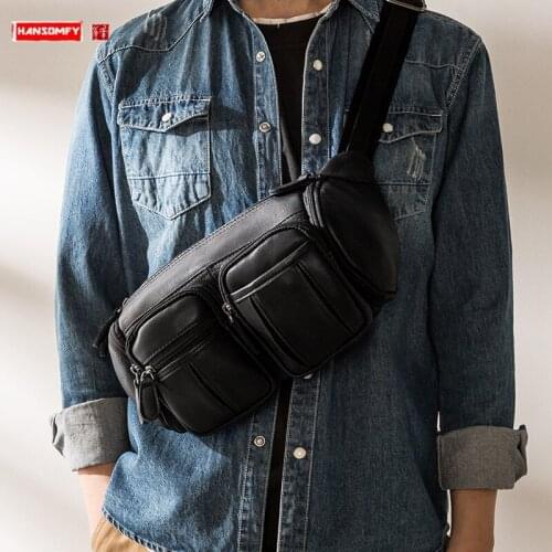 New Leather Mens Chest Bag Casual Messenger Bag Large Capacity Cowhide Leather Shoulder Bag Multi-Functional Outdoor Pocket