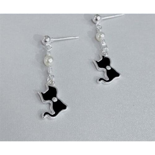 New Fashion Exquisite Pearl Cute Animal 925 Sterling Silver Jewelry Sweet Black Cat Crystal Temperament Stud Earrings SE959