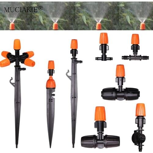 Orange Adjustable Garden Micro Drip Irrigation Misting Nozzles Sprinklers with w/ 1/4'' 3/8'' Hose Barbed Tee Threaded Connector