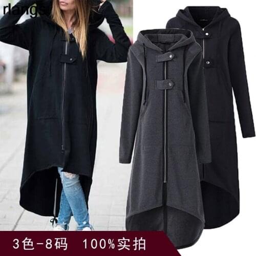 Autumn And Winter Long Womens Coat Solid Color Hooded Asymmetric Long-Sleeved Zipper Button Long Sweater Coat Women