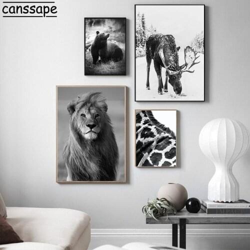 Nordic Posters And Prints Lion Giraffe Bear Deer Wall Art Canvas Painting Black White Print Wall Pictures For Living Room Decor