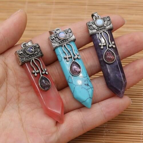 Natural Stone Pendant Cylindrical Metal Alloy Semi-Precious For Jewelry Making DIY Necklace Bracelet Earrings Accessory