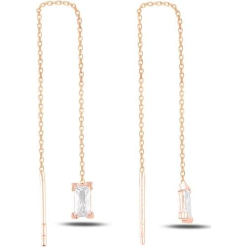 Silver 925 Sterling Rectangular Baguette Zircon Stone Japanese Earrings