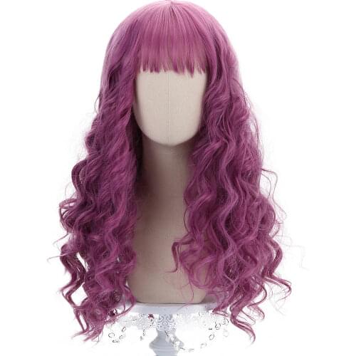 Long Wavy Purple Cosplay Synthetic Hair Wigs with Bangs for Women Girls Party Costume Halloween Comic Movie Mal