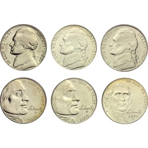 United States 5 Cents Jefferson Commemorative Coin 6 Full Set Issuing Coins Original Coin 100% Real Unc