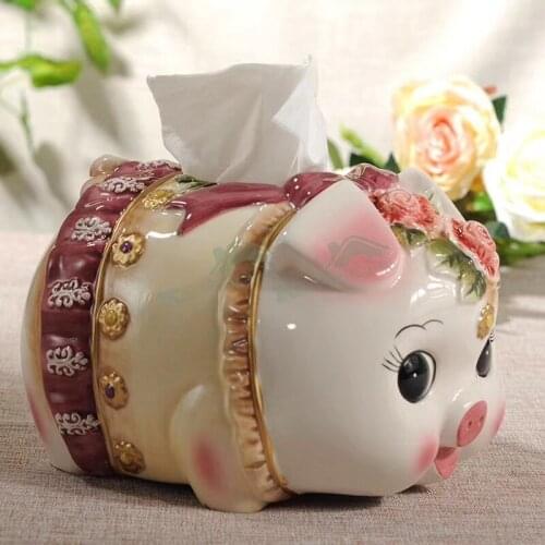 Tissue Box Cover Ceramic Pig Box Holder Handpainted Bathroom Home Decor Collectible Art Unique Wedding Housewarming Gift