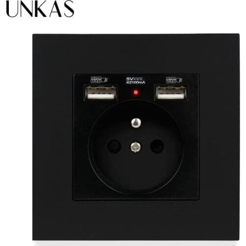 UNKAS Black Plastic Panel French Standard Electrical Wall Socket With 2 USB Outlet Charger Adapter 86*86mm