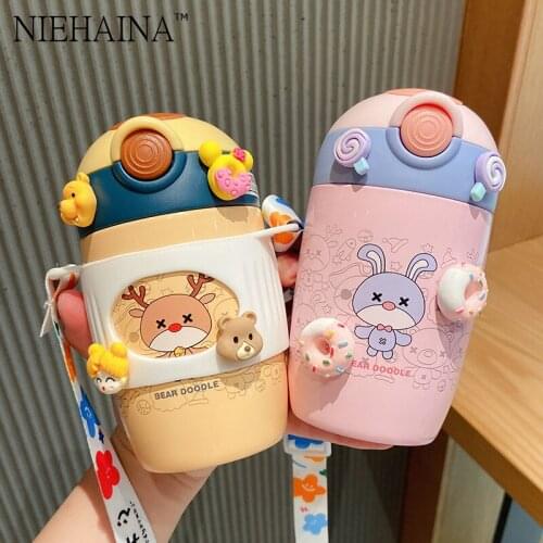 （304 Stainless Steel High-Value ChildrenS Thermos Cup Cute Portable Straw Cup Portable Messenger Baby Water Bottle