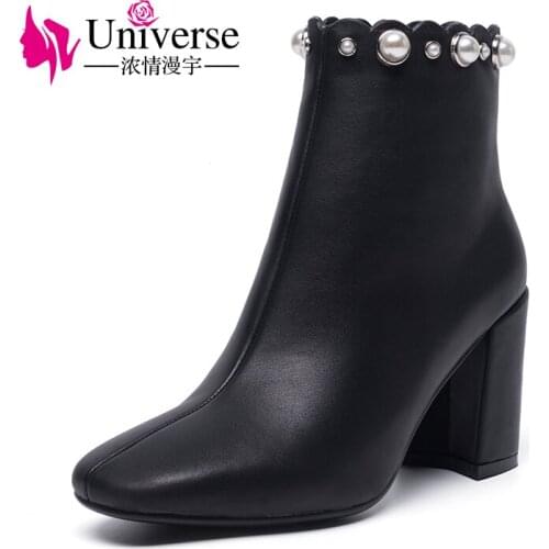 Universe fancy pearl decorated ankle boots women high heel genuine leather boots fashion chunky heel square toe shoes boots G403