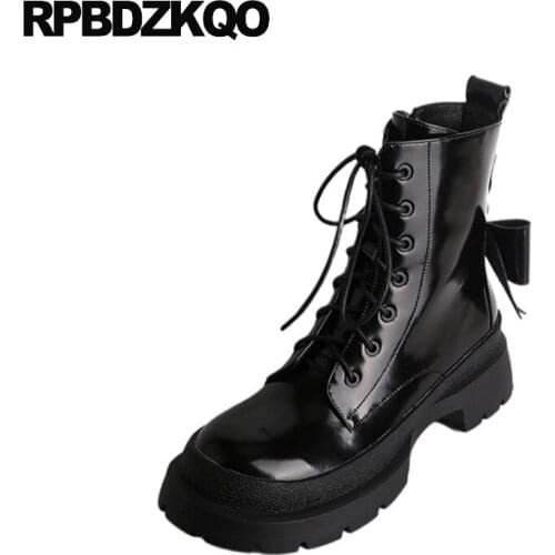 Shoes Military Platform Black Chunky Girls Lolita Cute Women Ankle Boots 2021 Round Toe Martin Combat Kawaii Bow Patent Leather