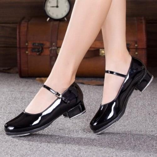 PU patent leather two - point soles women dance shoes Tap sports shoes A belt type Competition practice shoe Black heel 4cm