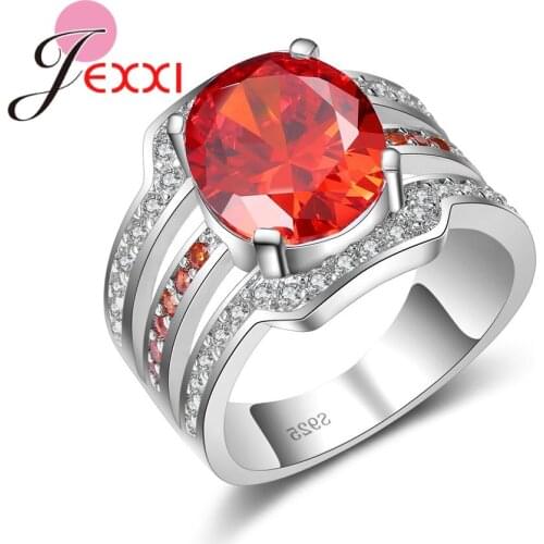 Women Red Round Crystal Wedding Rings With Cubic Zircon 925 Sterling Silver Engagement Finger Ring Accessory Bague Femme