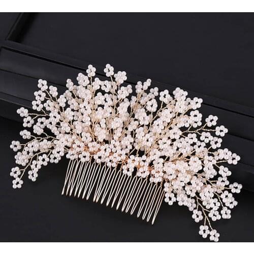 Gold Handmade Flower Crystal Pearl Headband with Comb Bride Noiva Hair Combs Tiara Head Jewelry Bridal Wedding Hair Accessories