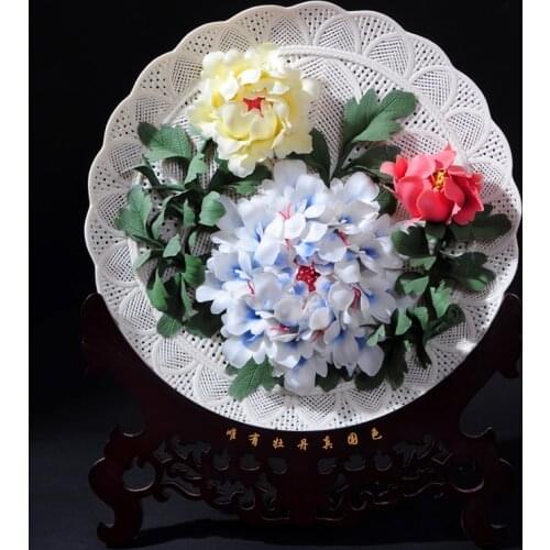 16 inch Luoyang peony flower hanging plate Home Furnishing ceramic crafts decoration ornaments hollow handmade art Dehua