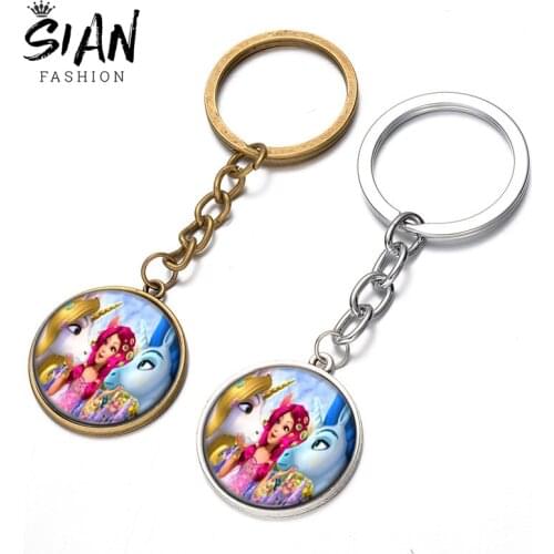 SIAN Mia and Me Anime Keychain Pegasus Fairy Fashion Printed Glass Cabochon Key Chain Collection Girls Kids Birthday Party Gift