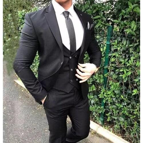 Black Men Suits Slim Fit Notch Lapel Groom Tuxedo for Wedding Party Causal Street Fashion 3 Piece Jacket Vest with Pants 2021