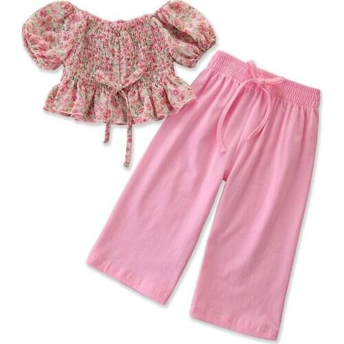 Childrens Clothing Baby Girl Clothes Kids Summer Suit Sweet Costume For Girls Printing Chiffon Pullover + Wide Leg Pants Set
