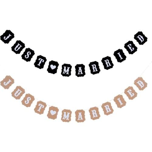 Flag Banners Just Married Paperboard Pulling Flag Banners Black Brown Hanging Flags For Wedding Party Decoration