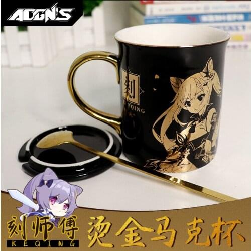 Game Anime Genshin Impact Keqing Ceramic Mug Cup Coffee Water Cup Gold Stamping Men Women Spoon+Cup lid +Cup Fashion Xmas Gift