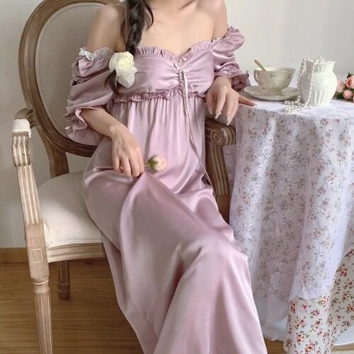 4 Colors Summer Ins Style Womens Stain Sleepwear Princess Sleepshirts Vintage Ladies Girls Candy Colors Nightgowns Nightdress