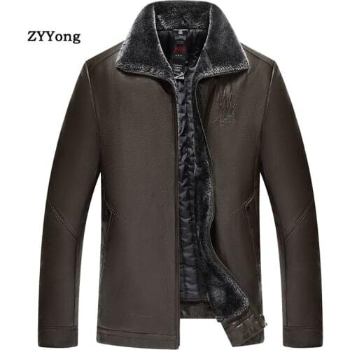Leather Jacket Men Winter Black Fleece Parka Coat Overcoat Plus Velvet Warm Fur Collar PU Business Casual Brown Outwear 7XL
