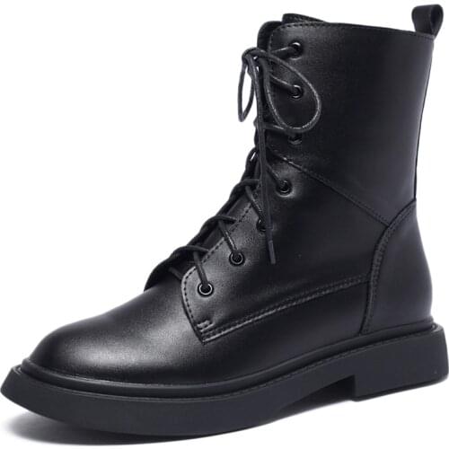 2021 Autumn And Winter New Waterproof Mid-range Black Womens Boots Non-slip Middle Heel Cross Tie Martins Boots for Girls