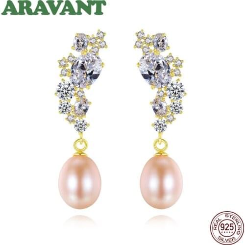 New Fashion Natural Freshwater Pearl Earrings Luxury Zircon Drop Earring Fine Jewelry Women Silver 925 Jewelry