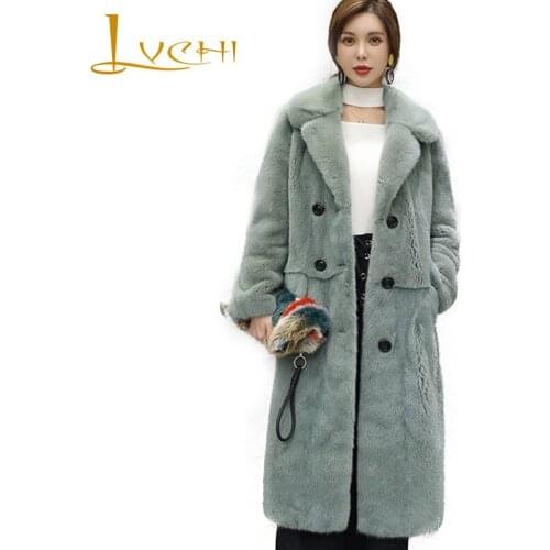 LVCHI Winter 2019 Female Long Sleeve Sold Elegant Real Mink Fur Coats Womens Causal Button Slim Turn-Down Collar X-Long Coats
