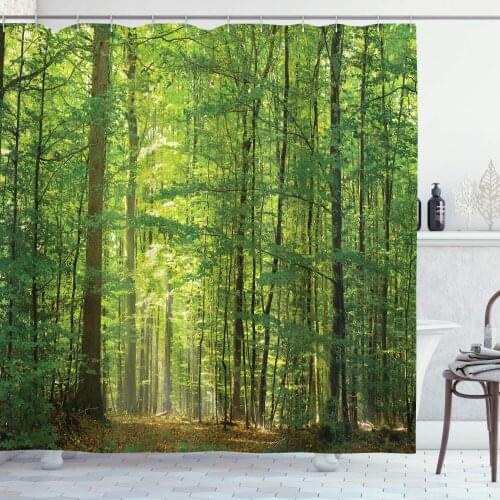 Green Yellow Woodland Shower Curtain Deciduous Forest Trees Summertime Foliage Sun Rays Romantic Holidays Scenic Image