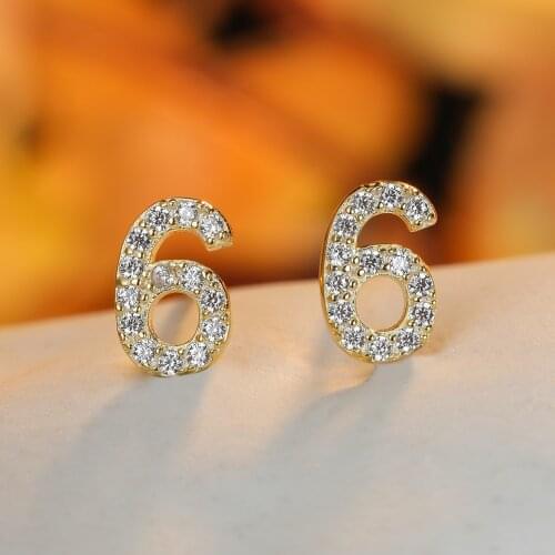 Cute Female Small Zircon Stone Earrings 925 Sterling Silver Stud Earrings For Women Dainty Number Six Crystal Wedding Earrings