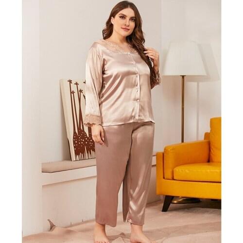 2 Piece Set Women Satin Silk Like Pajamas Set Long Sleeve Shirt Tops Long Pants Set Sleepwear Home Suit Nightwear Plus Size