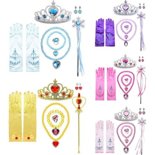 Girls Anna Elsa Cosplay Sets Crown Magic Wand Necklace Wig Gloves Accessories Earring Bracelet Halloween Party Dress Up Props