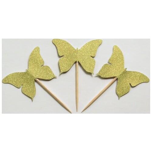 Gold Glitter Butterfly cupcake toppers wedding baby shower toothpicks birthday food pick decorations