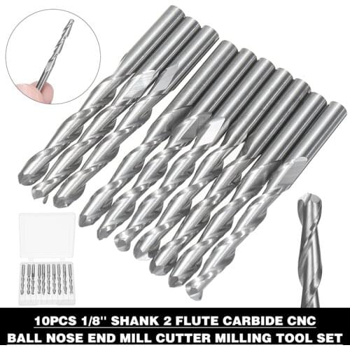 10pcs 1/8'' Shank Ball Nose End Mill 2 Flute Carbide CNC Spiral Milling Cutter Tool Router Bits Set Wood Plastics Engraving Bit