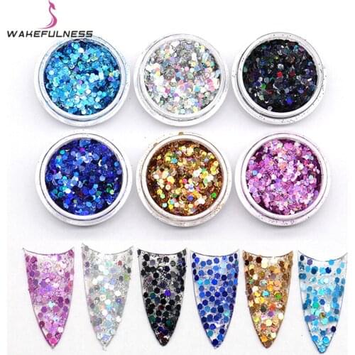 6Boxes Colorful Nail Art Glitter Set Hexagon Laser Nail Glitter Powder Dust Nail Paillettes Flakes Manicure Nail Art Decorations