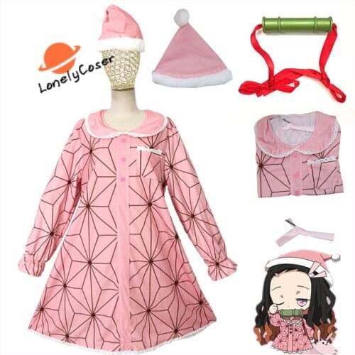 Anime Demon Slayer Kamado Nezuko Cosplay Costume Pajamas Kimetsu no Yaiba Dress Hat Accessory Halloween Christmas Gift Girls