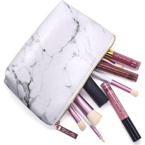 High Quality Fashion White Marble PU Leather Zipper Handbag Pencilcase Pen Storage Woman Makeup Pencil Case Cosmetics Bag