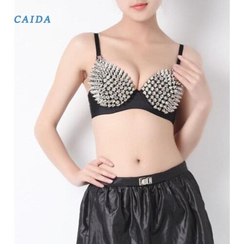 CAIDA Sexy Bras Women Party New All-over Spike Rivet Metallic Punk Dance push up Bra Nightclub Brutal
