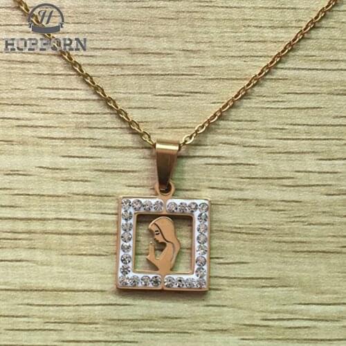 HOBBORN Trendy Women Religious Necklace Frame Type Virgin Mary Gold Color Crystal Female Link Chain Necklaces & Pendants Jewelry