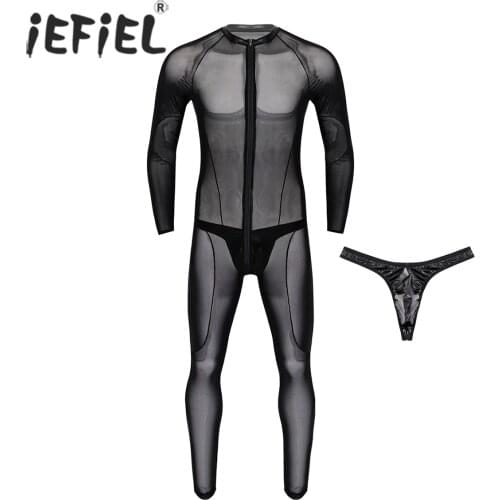 IEFiEL Mens Gay See Through Sheer Lingerie Teddies Clubwear Costumes Leotard Bodysuit Jumpsuit with Jockstraps Briefs Underwear