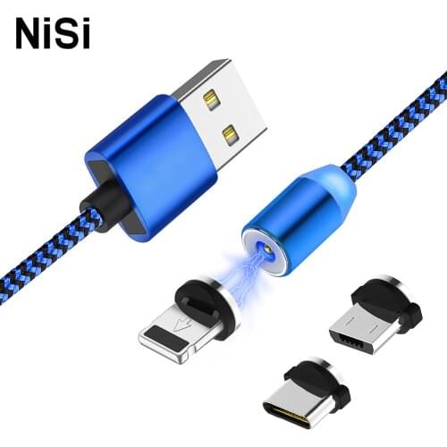 1m 2m LED Light Magnetic Type C Cable Nylon Braided Wire+Metal Aluminum Alloy Micro IOS USB C Fast Charging Magnet Cable Blue